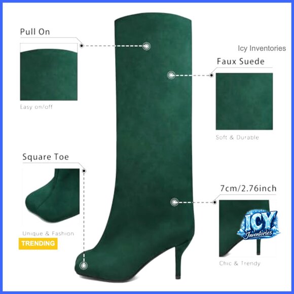 Suede Knee High Boots Wide Calf Square Toe Stiletto Heels Pull On - Picture 5 of 7